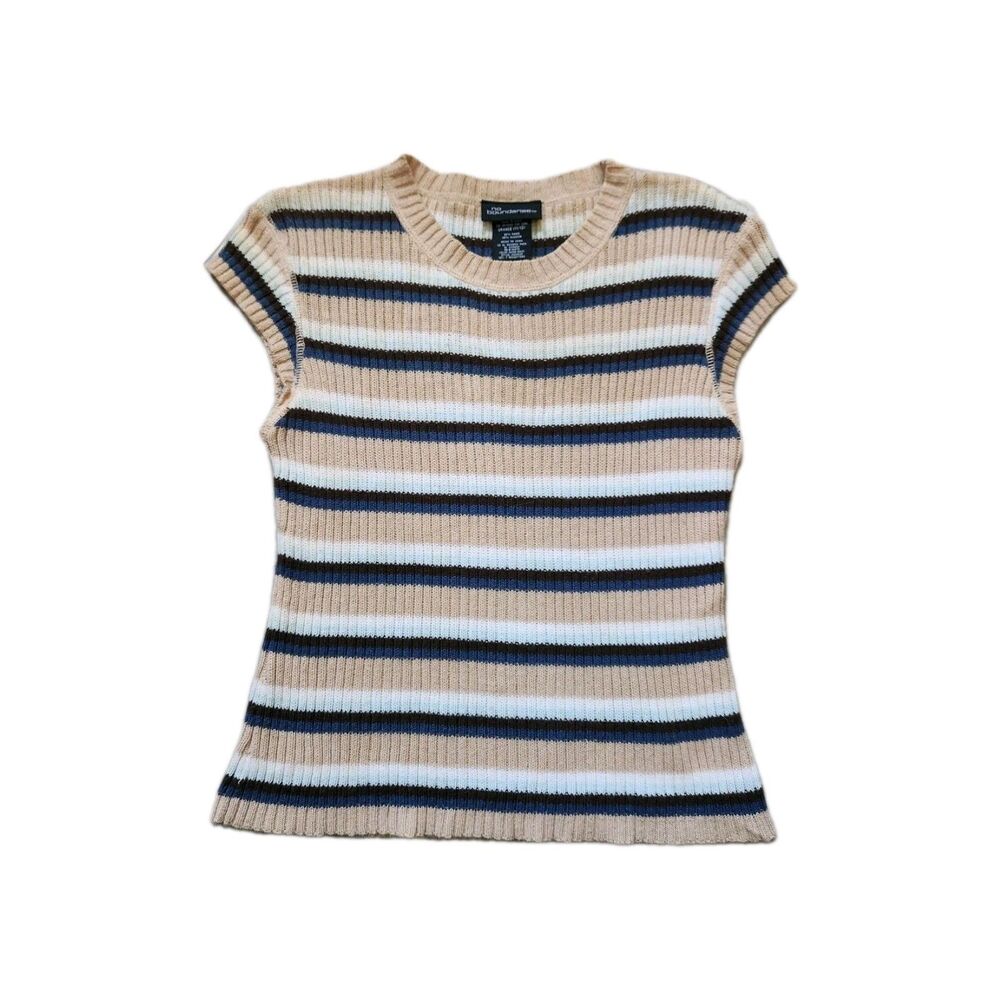 VTG No Boundaries Ribbed Stripe Top Y2K 90s Tan Blue White Short Sleeve Jr L EUC